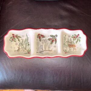 Holiday Woodland Ceramic 3-Compartment Serving Tray - Red Trim Relish Dish